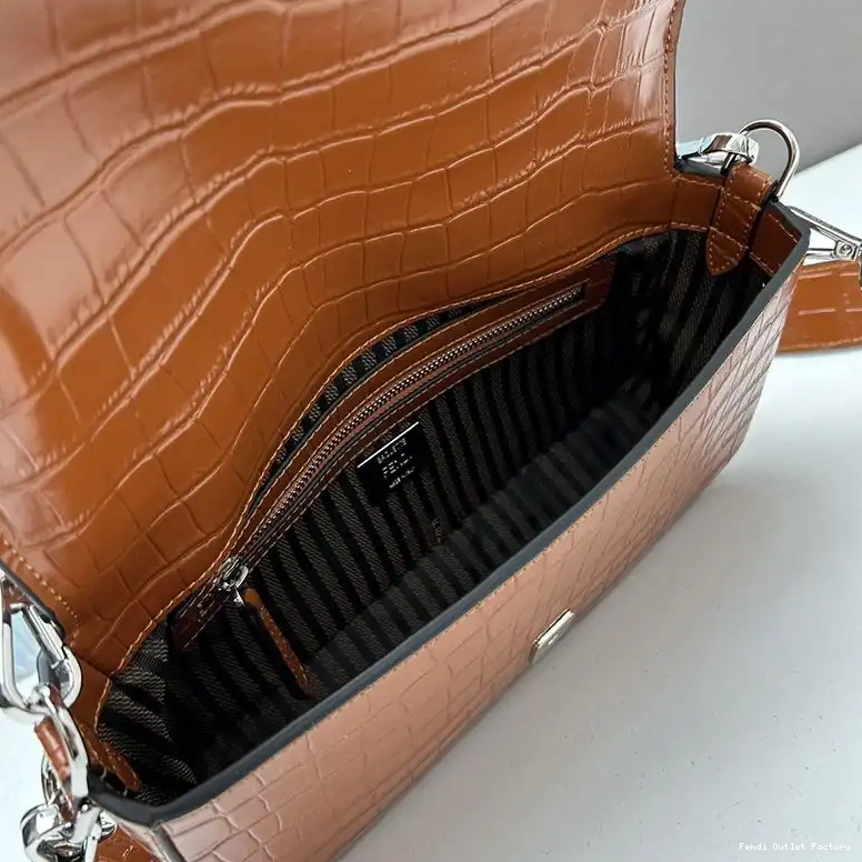 Vintage HOT Re-Edition Leather Fendi Bag Brown In Medium Crocodile Baguette 0428